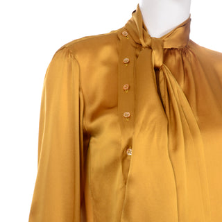 1980s Yves Saint Laurent Gold Silk Charmeuse Blouse With  tie and Sash Bow