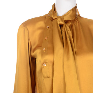 1980s Yves Saint Laurent Gold Silk Charmeuse Blouse With Sash Bow and tie