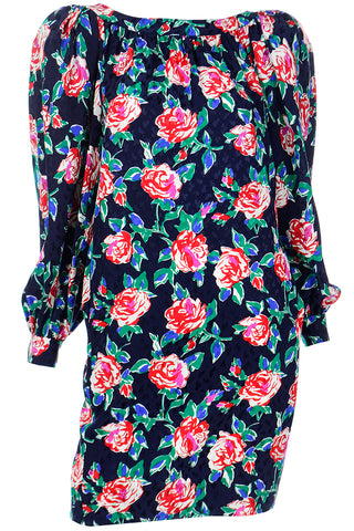 1980s Yves Saint Laurent Silk Rose Print Dress W Low Back