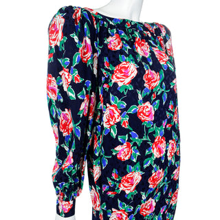 1980s Yves Saint Laurent Silk Rose Print Dress W Low Back made in France Fr 38