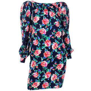 YSL 1980s Yves Saint Laurent Silk Rose Print Dress W Low Back Made in France YSL