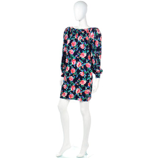1980s Yves Saint Laurent Silk Rose Print Dress W Low Back Rive Gauche Paris