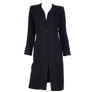 1990s Yves Saint Laurent Paris Black Button Front Dress With Embroidery Trim