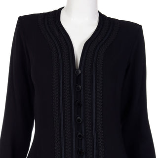 1990s Yves Saint Laurent Black Button Front Dress With Embroidery Trim Excellent Condition