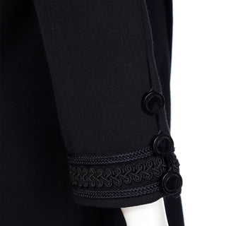1990s Yves Saint Laurent Black Button Front Dress With Embroidery Trim Made in France Size M