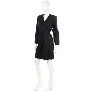 1980s Yves Saint Laurent Black Cotton Vintage Wrap Dress Size Large