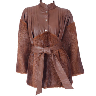 1980s Yves Saint Laurent Fourrures Brown Leather Fur Jacket W Belt Rare