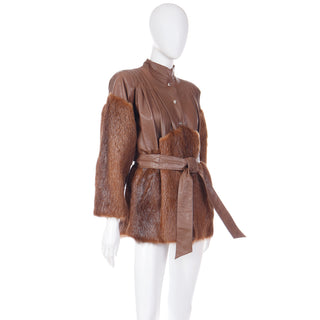 1980s Yves Saint Laurent Fourrures Brown Leather Fur Jacket W Belt YSL Coat
