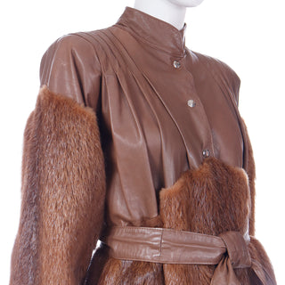 1980s Yves Saint Laurent Fourrures Brown Leather Fur Jacket Coat W Belt