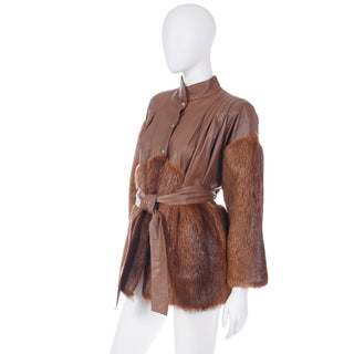 YSL Yves Saint Laurent Fourrures Brown Leather Fur Jacket W Belt