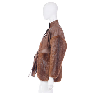 1980s Yves Saint Laurent Fourrures Brown Leather Fur Jacket W Belt