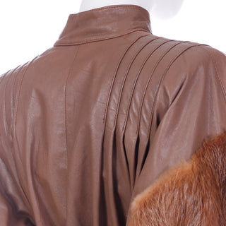 1980s Yves Saint Laurent Fourrures Brown Leather Fur Jacket W Belt and Pleating