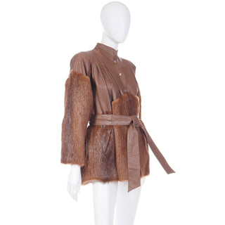 1980s Yves Saint Laurent Fourrures Brown Leather Jacket W Fur One Size