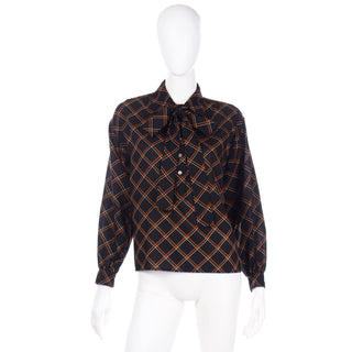1980's Yves Saint Laurent Black Plaid Wool Challis Blouse Top