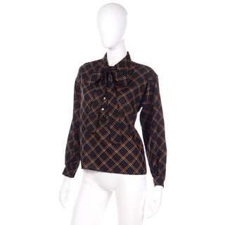 1980's Yves Saint Laurent Black Plaid Wool Challis Grid Top