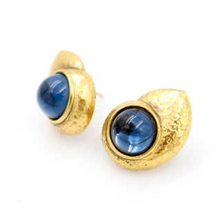 Vintage YSL Hammered Gold Shell Earrings with Blue Central Stone