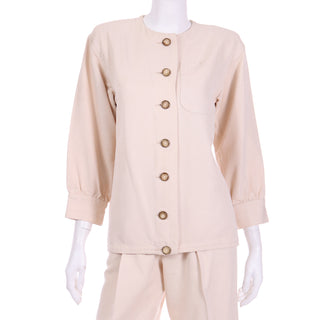 1980s Yves Saint Laurent Natural Cotton 2 Pc Jacket & Trouser Suit YSL outfit