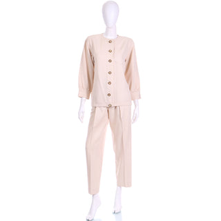 1980s Yves Saint Laurent Natural Cotton 2 Pc Jacket & Trouser Suit Made in France
