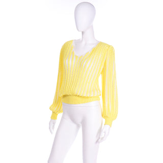 Vintage Yellow Knit Spring Summer Sweater Top With Bishop Sleeves V neck
