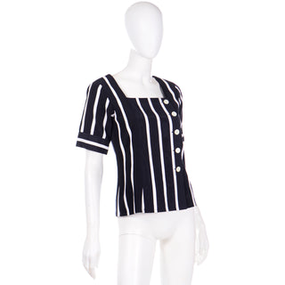 1980s YSL striped top with square neckline and asymmetrical buttons