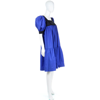 Vintage 1970s Yves Saint Laurent Blue & Black Cotton Peasant Dress
