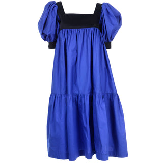 YSL Vintage 1970s Yves Saint Laurent Blue & Black Cotton Peasant Dress