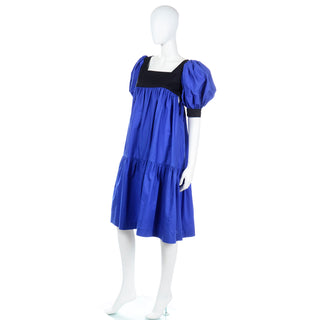1970s Yves Saint Laurent Blue & Black Cotton Peasant Dress YSL