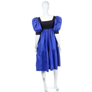 YSL 1970s Yves Saint Laurent Blue & Black Cotton Peasant Dress