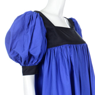 1970s Yves Saint Laurent Blue & Black Cotton Peasant Style Dress