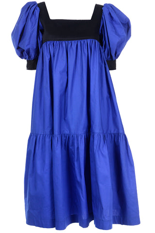 1970s Yves Saint Laurent Blue & Black Cotton Peasant Dress
