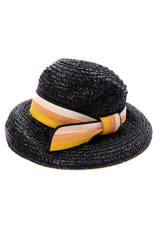 1960s Yves Saint Laurent Black Straw Hat w Striped Ribbon Deadstock