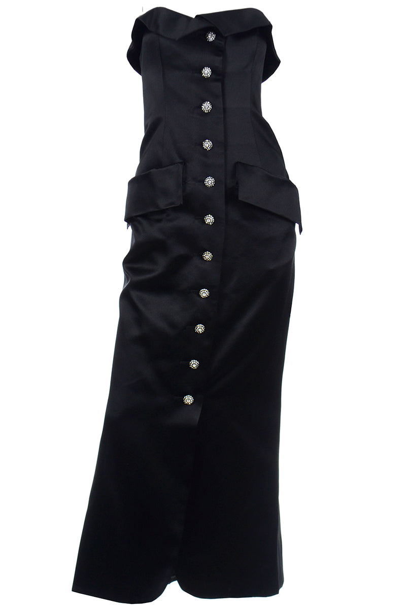 1980s YSL Black Satin Strapless Vintage Gown w Rhinestone Buttons Modig 1980s YSL Black Satin Strapless Vintage Gown w Rhinestone Buttons Modig