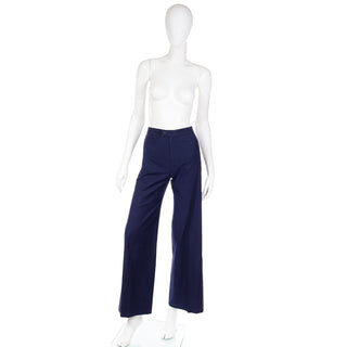 1980s Yves Saint Laurent Navy Blue Cotton High Waist Wide Leg Trousers Small