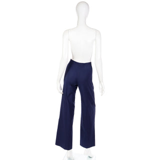 1980s Yves Saint Laurent Navy Blue Cotton High Waist Wide Leg Trousers Pants