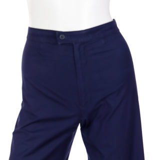 1980s Yves Saint Laurent Navy Blue Cotton Pants High Waist Wide Leg Trousers