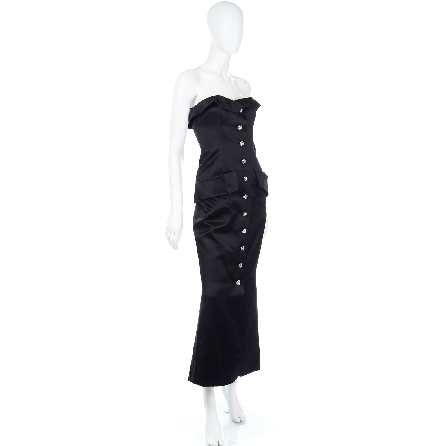 1980s YSL Black Satin Strapless Vintage Gown w Rhinestone Buttons Modig 1980s YSL Black Satin Strapless Vintage Gown w Rhinestone Buttons Modig