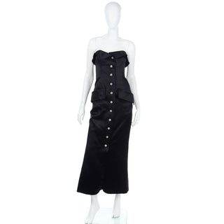 1985 Yves Saint Laurent Black Satin Strapless Gown w Rhinestone Buttons