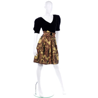 Abstract Splatter Print Vintage 1980's Gold, Copper and Black velvet Dress 