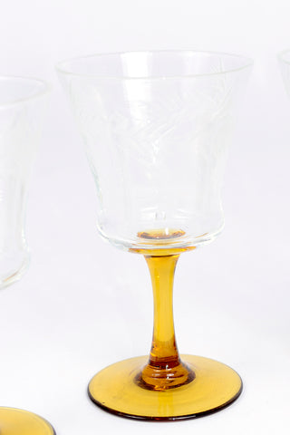 Vintage Amber Footed Wine Glasses w/ Leaves & Vines Set of 5