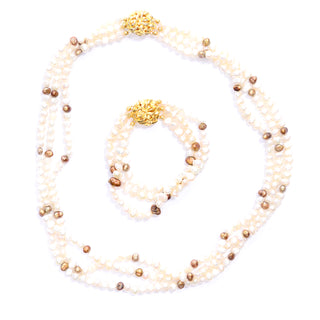 Vintage Freshwater pearl multi strand gold necklace and bracelet set