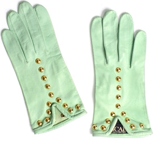 Mint Green Escada Margaretha Ley Leather Gloves With Gold Studs Germany