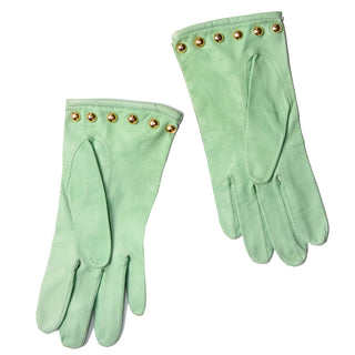 Mint Green Escada Margaretha Ley Leather Gloves With Gold Studs Vintage 80s