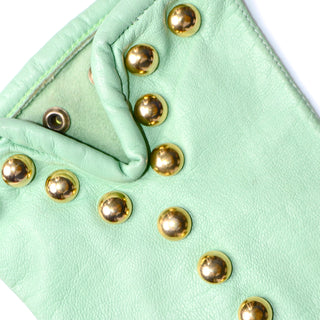 Mint Green Escada Margaretha Ley Leather Gloves With dome Gold Studs 
