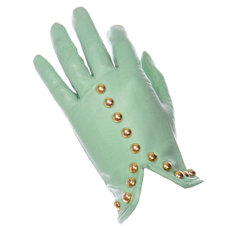 1980s Vintage Mint Green Escada Margaretha Ley Leather Gloves With Gold Studs