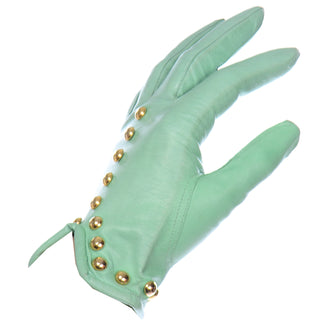 Vintage Mint Green Escada Margaretha Ley Leather Gloves With Gold Studs