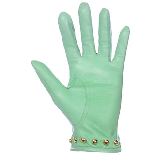 1980s Mint Green Escada Margaretha Ley Leather Gloves With Gold Studs
