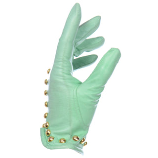 Mint Green Escada Margaretha Ley Leather Gloves With Gold Studs 7.5