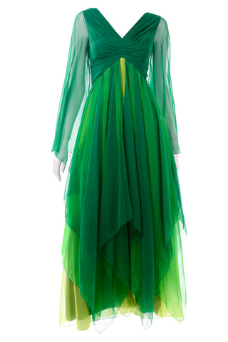 Vintage 1970s Silk Chiffon Evening Dress in Multi Shades of Green