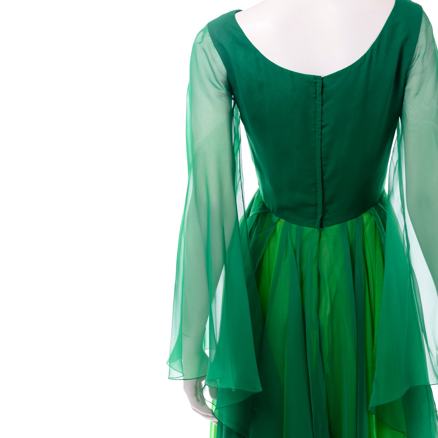1970s Vintage Emerald Lime & Chartreuse Green Chiffon Evening Dress Modig 1970s Vintage Emerald Lime & Chartreuse Green Chiffon Evening Dress Modig