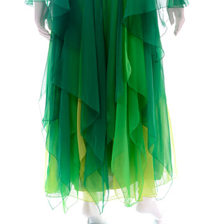 Vintage 1970s Silk Chiffon Evening Dress in Multi Shades of Green Handkerchief Hem 70s